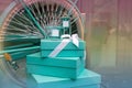 Gift box in showcases, give presents, celebration, surprise
