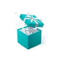 Promo banner with Open Gift Box and silver Confetti. Turquoise jewelry box. Template for cosmetics jewelry shops Royalty Free Stock Photo