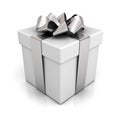 Gift box with silver ribbon bow on white Royalty Free Stock Photo