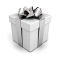 Gift box with silver ribbon bow on white