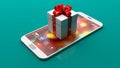 Gift box on a smartphone on green background. 3d illustration