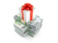 Gift box on stack of money Royalty Free Stock Photo