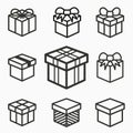 Gift box surprise icons. Set of present, package, discount, delivery, birthday symbols. Vector illustrations isolated on