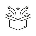 Gift Box Surprise Line Icon. Open Birthday Present Linear Pictogram. Christmas Magic Package with Confetti Outline Royalty Free Stock Photo