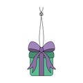 The gift in the box is tied with a bow. The surprise box hangs on a string with a knot. Colored vector illustration. Royalty Free Stock Photo
