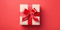 Gift Box Top View. Wrapped Present With Red Ribbon Bow. Surprise For Birthday, Valentine, Holiday. AI generated Royalty Free Stock Photo