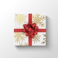 Gift box top view. Wrapped realistic present box with red ribbon. Holiday or sale christmas concept