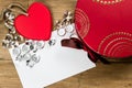 Gift box traditional. Red heart, diamonds and card.