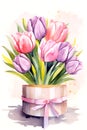 Gift box with various tulips. Woman's Day, Motherâs Day, birthday card. Concept of spring. Fresh blooms symbolize