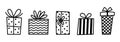 Gift box vector icon set. Containers with bow, ribbon. Black and white presents with polka dot, stripes. Hand drawn doodle, Royalty Free Stock Photo