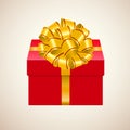 Gift box vector illustration. Closed red present with gold bow and ribbon isolated on white background Royalty Free Stock Photo