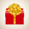 Gift box vector illustration. Closed red present with gold bow and ribbon isolated on white background Royalty Free Stock Photo