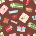 Gift box vector present packs Christmas or Birthday flat illustration celebration bow object seamless, pattern Royalty Free Stock Photo