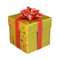 Gift box warped in golden paper with red bow and ribbon, present 3d rendering Royalty Free Stock Photo