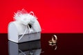 Gift box with wedding rings shot closeup on a red background Royalty Free Stock Photo