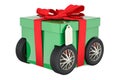 Gift box on wheels, gift delivery concept. 3D rendering