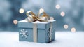 Gift box on white snowy background with sparkling snow. Generative AI. Royalty Free Stock Photo