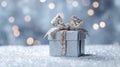 Gift box on white snowy background with sparkling snow. Generative AI. Royalty Free Stock Photo