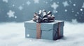 Gift box on white snowy background with sparkling snow. Generative AI. Royalty Free Stock Photo