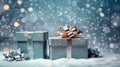Gift box on white snowy background with sparkling snow. Generative AI. Royalty Free Stock Photo