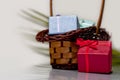 Gift boxes and wicker basket