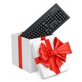 Gift box with wireless computer keyboard, 3D rendering Royalty Free Stock Photo