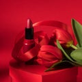 Gift box for women, mothers day, lipstick and red tulips
