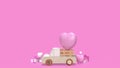 Gift box and wood truck for valentine concept 3d rendering
