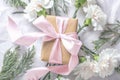 Gift box wrapped in craft paper with pink bow on natural flowers and green leaves background Royalty Free Stock Photo