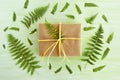 Gift box wrapped of craft paper and white and yellow ribbon on a green wooden background decorated of fern leaves. Royalty Free Stock Photo