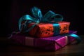 Gift box wrapped in paper with musical notes and ribbon. World Music Day concept Royalty Free Stock Photo