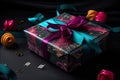 Gift box wrapped in paper with musical notes and ribbon. World Music Day concept Royalty Free Stock Photo