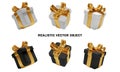 Gift boxe white and black with gold Ribbo and bow set Isolated. Collection realistic gift presents, surprise boxes Royalty Free Stock Photo