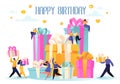 Happy Birthday party celebration with friends. People carry gifts and a big cake, blow their whistles, dance and celebrate the hol Royalty Free Stock Photo