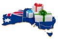 Gift boxes on the Australian map. Christmas and New Year holidays in Australia concept. 3D rendering Royalty Free Stock Photo