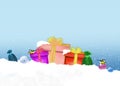 Gift boxes and bags in the snow