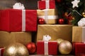 Gift boxes and balls under christmas tree Royalty Free Stock Photo