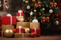 Gift boxes and balls under christmas tree Royalty Free Stock Photo