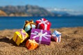 Gift boxes in a beach Royalty Free Stock Photo