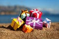 Gift boxes in a beach Royalty Free Stock Photo