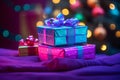 gift boxes on the bed with christmas lights in the background Royalty Free Stock Photo