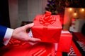 Gift boxes with big ribbon bow close up. Red wrapped gifts or presents. Wrapping gifts concept. Magic moments. Prepare Royalty Free Stock Photo