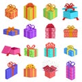 Gift boxes. Birthday present box, wedding or xmas holidays gift boxes, greeting surprise presents with ribbons isolated Royalty Free Stock Photo