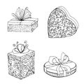 Gift boxes black and white collection for festive christmas surprise box with ribbon for anniversary or birthday present Royalty Free Stock Photo