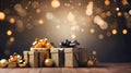 Gift boxes on bokeh background. Christmas and New Year concept. Royalty Free Stock Photo