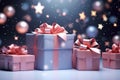 Gift boxes on bokeh background. 3D rendering, Christmas background with christmas gifts decoration, AI Generated Royalty Free Stock Photo