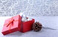 Gift boxes with bow and christmas balls on wood background. Decoration Royalty Free Stock Photo