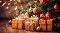 Gift boxes with a bow and golden balls under the Christmas tree Royalty Free Stock Photo