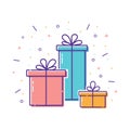 Gift boxes with bows with confetti, firework for surprise present. Hand drawn icon, line style gift for happy event. Flat