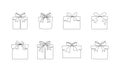 Gift boxes with bows hand drawing single line. Vector stock illustration isolated on background for design template